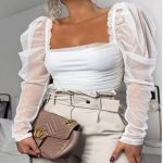 Patchwork Lace Mesh Crop Tops 90ndate suvised T-s&auml;rgid Naiste Moodne Ruudukaelusega pikkade varrukatega t-s&auml;rgid Naistele Must valged Seksikad T-s&auml;rgid S valge