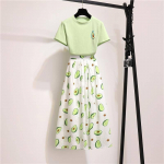 Naiste suvevintage kaheosaline komplekt &otilde;huke l&uuml;hikeste varrukatega T-s&auml;rk Puuviljatr&uuml;kiga seeliku&uuml;likond k&otilde;rge v&ouml;&ouml;kohaga pikk plisseeritud seelik vabaaja &uuml;likond XXL