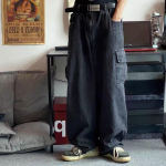 Kotid teksad p&uuml;ksid Meeste teksap&uuml;ksid mustad laia s&auml;&auml;rega p&uuml;ksid meeste teksad Oversize Cargo Korea t&auml;navar&otilde;ivad Hip Hop Harajuku 2XL must