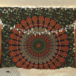 BLESS INTERNATIONAL India hipi Bohemian Psychedelic Mandala Seinale riputatav voodipesu vaip Poster roheline/kuldne