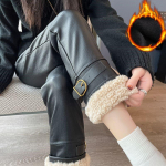 Pluss Velvet sirged mustad nahast p&uuml;ksid naiste s&uuml;gistalvised k&otilde;rge v&ouml;&ouml;kohaga lahtised Pantalones Splicing lambavillast pu nahast p&uuml;ksid S must