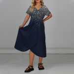 Naiste vabaaja tr&uuml;kitud V-kaelusega t&otilde;mblukuga l&uuml;hikeste varrukatega paneelidega suur pikk kleit S kuld