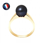 PERLINEA - Bague V&eacute;ritable Perle de Culture d'Eau Douce Ronde 8-9 mm - Colori Black Tahiti - Or Jaune - Bijou Femme