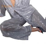 Naiste litrid s&auml;rk p&uuml;ksid rev V kaelus kottis pikkade varrukatega keskmise pikkusega mantel laia s&auml;&auml;rega &uuml;lisuured p&uuml;ksid pidude klubi Kuulsuste komplekt L Trousers h&otilde;be