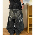 Ameerika teksad Tikitud pealuup&uuml;ksid Y2K High Street Summer Loose Denim Trend Retro Hip-hop vabaaja teksad t&auml;navar&otilde;ivad S