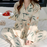 S&uuml;gis-talv Uued puhtast puuvillast naiste koduriided V-kaelusega kardigan kaheosaline komplekt Fallow pikkade varrukatega luksuslikud naiste pidžaamad M beež