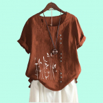 Naiste vabaaja lillemustriga avara pluus Laides puuvillane linane l&uuml;hikeste varrukatega T-s&auml;rk S pruun