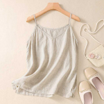 Naiste V-kaelusega varrukateta puuvillase ja linase p&otilde;hjaga maika L beež