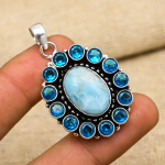 Larimar, Sinine Topaas Kivist 925 Sterling H&otilde;be Ehted K&auml;sit&ouml;&ouml; Ilus Ripats 1.85 Inches sinine