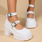 Gootikad paksud platvormkingad naistele &Uuml;lik&otilde;rged kontsad pahkluupaelaga Mary Jane kingad Naine Lakknahast Paksude kontsadega kingad Daamid 35 valge