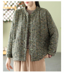 Naiste puuvillased tepitud mantlid Naiste s&uuml;gis-talvine vintage stiilis lillemustriga naiste paksud polsterdatud jakid M078 One size roheline