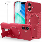 Coque de Protection - BOOLING - pour iPhone 17 - Silicone avec Cercle Magn&eacute;tique Support Rouge - 2 Vitres punane