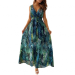 Naiste puhkusekleit Varrukateta V-kaelusega seljata lilledega tr&uuml;kkimine K&otilde;rge v&ouml;&ouml;kohaga n&ouml;&ouml;riga rannakleit Boheemlas stiilis maksikleit XXL roheline