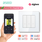BSEED Zigbee Kardina/Valguse/Rullikardina L&uuml;liti Seeria Seinakinnitusega Nutikad Click-l&uuml;litid Katik Kollane Taustvalgus Klaasraam Tuya APP L&uuml;liti White&EU standard