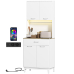 K&otilde;rge k&ouml;&ouml;gikapp LED-valgustuse ja laadimisjaamaga, 4 ukse, sahtli ja t&ouml;&ouml;pinnaga k&ouml;&ouml;gikapp, valge 71 x 40 x 180 cm