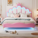 140*200cm lame kaheinimesevoodi, kroonikujuline printsessivoodi, pehme PU-nahkpolsterdus, reguleeritav LED-&uuml;mbritseva valguse riba, roosa 203 x 140 x 129 cm roosa