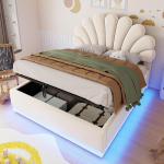 Polsterdatud voodi 140*200cm, Lillekujuline peatsi, H&uuml;drauliline panipaigaga, LED-valgustus ja metallraam, Sametkangas Beež, Beež 204 x 142 x 112.5 cm beež