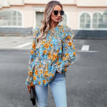 Naiste s&uuml;gistalvise O-kaela volangidega laterna varrukas Lilleline linnal&auml;iks&auml;rk tr&uuml;kitud s&auml;rgi topid S sinine