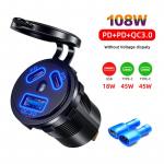 108w 3-pordiline autolaadija pesa, kahekordne 45w Pd t&uuml;&uuml;p C ja 18w Qc 3.0 koos voltmeetri kiirlaadimisega 3.0 USB laadija auto mootorratta jaoks sinine