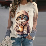 Naljakad Kawaii Cat Animals Prindiga puuvillased pikkade varrukatega T-s&auml;rgid Naistele Pusad Naistele Armsad O-kaelusega Pullover Naiste Pusa 4XL