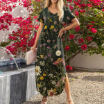 Naiste suvised vabaaja vaba V-kaelusega l&uuml;hikeste varrukatega ranna maxi pikad kleidid Trendikad r&otilde;ivad L