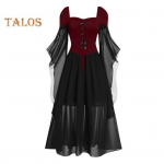 Vanaaegne naiste kleit Ebaregulaarne sarvest varrukas, &uuml;hev&auml;rviline A-joon, suur &auml;&auml;ris, &otilde;huke v&ouml;&ouml;koht, plisseeritud paeltega rihm Keskaegne Halloweeni pidu Cosplay kost&uuml;&uuml;mipidu M must