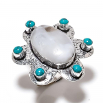 Natural Rainbow Moonstone, Turquoise Gemstone 925 Sterling Silver Ring S.7 k4h71