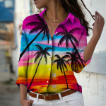 Coconut Tree Print Women Blouse Spring Autumn Femme Office Lady Button Up Turn Down Collar Shirts XS roosa