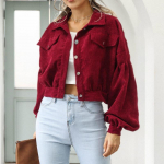 Naiste vabaaja rev&auml;&auml;riga korduroijakk s&uuml;gis-talveks, laternvarrukatega, &uuml;he n&ouml;&ouml;biga l&uuml;hike jakk S pruun