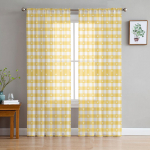 Ruuduline Kollane S&uuml;damega Tr&uuml;kitud Kardinad Pitsiline T&uuml;ll Kodu Kaunistus Elutuba Magamistuba Kardinad &Scaron;ifoonist Akknakardinad 1 PCS W100XH250cm&Rod Pocket