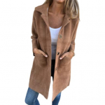 Naiste talvejope Kahepoolne pl&uuml;&uuml;sis &uuml;herealine keskmise pikkusega avar jakk kapuutsiga taskutega M kohv