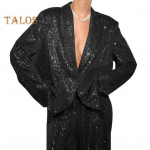 Naiste litrid s&auml;rk p&uuml;ksid rev V kaelus kottis pikkade varrukatega keskmise pikkusega mantel laia s&auml;&auml;rega &uuml;lisuured p&uuml;ksid pidude klubi Kuulsuste komplekt S Jacket must