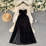 Elegantne volangidega lapit&ouml;&ouml; sametkleit naistele, kontrastv&auml;rvi pikkade varrukatega l&otilde;hikuga &otilde;htukleidid, s&uuml;gis-talv, uus, magus punane ballikleit S must