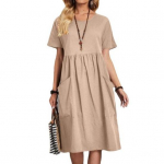 Naiste puuvillane linane suvekleit &uuml;mara kaelusega l&uuml;hikeste varrukatega Midi kleit avar M khaki