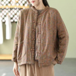 Naiste puuvillased tepitud mantlid Naiste s&uuml;gis-talvine vintage stiilis lillemustriga naiste paksud polsterdatud jakid M078 One size roosa