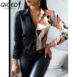 QICED Naiste mood vabaaja &uuml;hev&auml;rvilise tr&uuml;kiga pikkade varrukatega POLO kaelusega pluusid ja s&auml;rgid S