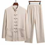 Meeste Hiina Traditsiooniline R&otilde;ivakomplekt S&uuml;giseline Linane Pandlaga S&auml;rk Ida Retro Top+ P&uuml;ksid Tai Chi Hingav &Uuml;likond Hanfu 2osalise Komplekt XS
