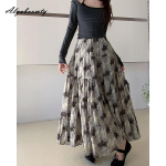 Korea mood kevadsuvi naiste Maxi pikk seelik k&otilde;rge v&ouml;&ouml;kohaga kohvihall lilledega tr&uuml;kitud seelikud naiste elegantsed volangid, vintage naiselik seelik One Size