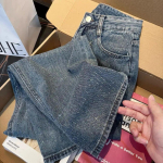 Naiste K&otilde;rge V&ouml;&ouml;koht Lai Jalg L&otilde;tv L&otilde;ige Kivist Kaunistatud T&auml;htedega Pesta Denim P&uuml;ksid Ameerika Streetwear Sirge Jalg P&uuml;ksid L sinine