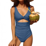 Charmleaks naiste &uuml;hes t&uuml;kis ujumistrikoo Ruched Tummy K&otilde;rge l&otilde;ikega lahtise seljaga V kaelus Monokini Solid ujumistrikoo rannakandmine Suurus S-XL S sinine
