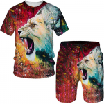 Suvine meeste uus 3D-prindiga Tigeron Print T-s&auml;rk l&uuml;hikesed p&uuml;ksid &uuml;likond retrostiilis l&uuml;hikeste varrukatega kaheosaline komplekt, uudne moodne Harajuku S