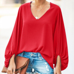 Kevadine &uuml;hev&auml;rviline kontori naistes&auml;rk Moodne V-kaelusega latern, pikkade varrukatega avara pluus Vintage valge topsid Blusas Naiselikud 28033 S roheline