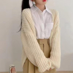 &Scaron;ikk s&uuml;gislaterna varrukatega kootud kampsun mantel Naiste avar vintage V-kaelusega kardigan naiste massiivne pehme vabaaja kudum 28275 One Size must