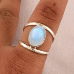 Kuukivi Gemstone Ovaalne S&otilde;rmus, 925 H&otilde;bedast S&otilde;rmus, Ovaalne S&otilde;rmus, Statement S&otilde;rmus, Kabi&scaron;ooniga S&otilde;rmus, K&auml;sit&ouml;&ouml; Ehted 6