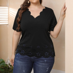 Must tumesinine soliidne naiste topp suure suurusega p&otilde;letatud lilledega &otilde;&otilde;neslaine servaga Deep V l&uuml;hikeste varrukatega T-s&auml;rk 0XL/L must