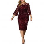 Naiste alusseelikud suures suuruses naiste O kaelus 3/4 varrukatega l&auml;bipaistev lapiline l&auml;ikiv litrid Bodycon p&otilde;lvedeni kleit 3XL punane