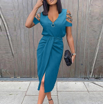 IHUASU Naiste &uuml;hev&auml;rviline lukuga pikk kleit v&auml;ljal&otilde;igete, plisseede ja l&uuml;hikeste varrukatega, V-kaelusega M