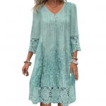 Naiste suvekleit V kaelusega &otilde;&otilde;nsate pitsidega n&ouml;&ouml;bid, kolmveerandvarrukad, tikandid, soliidsed XL roheline