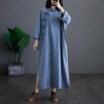 Suures suuruses kevadine naiste teksakleidi n&ouml;&ouml;bid, puuvillane hiina stiilis vintage avar &uuml;lisuur kleit pikkade varrukatega Basic 2XL sinine