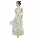 Hiina stiilis muudetud cheongsam suspenderpluus kleit &uuml;likond L roheline